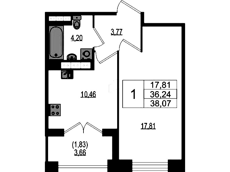 1-комнатная квартира 38.07 м², 4/4 эт., ЖК «Ranta Residence»